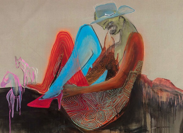 A loose contemporary painting of a figure in a hat wearing red high heels pulling off their brown skin with their teeth. They appear to be seated in a desert landscape with two pink horses at their feet.